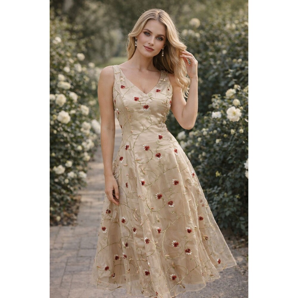 Custom Gold Satin Organza Rose Embroidered Dress 10 Midi Holiday Wedding M L